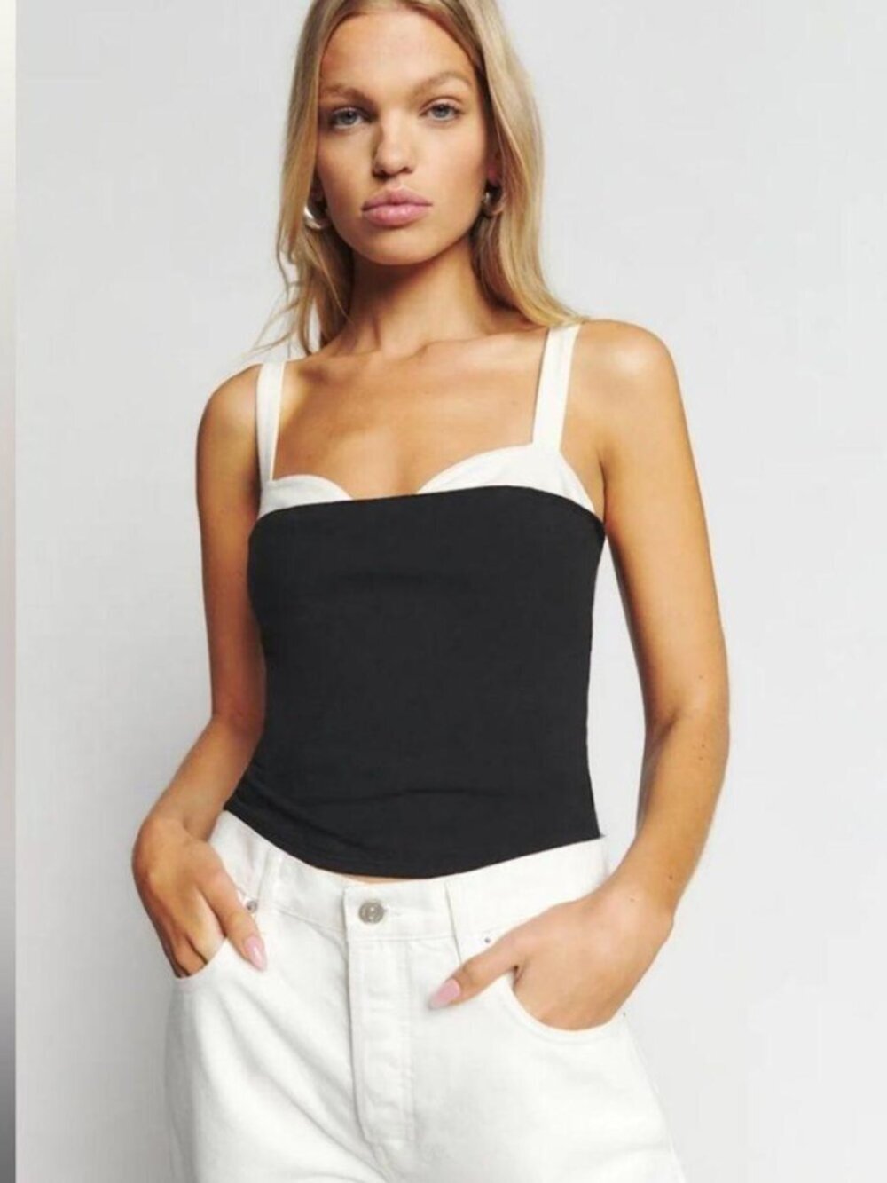 Reformation Harlan Knit Two Toned Black with White Bust Cup Tank Top Size Medium